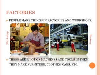 FACTORIES
 PEOPLE MAKE THINGS IN FACTORIES AND WORKSHOPS.
Factory
Workshop
 THERE ARE A LOT OF MACHINES AND TOOLS IN THEM.
THEY MAKE FURNITURE, CLOTHES, CARS, ETC.
 