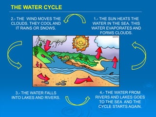 THE WATER CYCLE
1.- THE SUN HEATS THE
WATER IN THE SEA. THIS
WATER EVAPORATES AND
FORMS CLOUDS.
2.- THE WIND MOVES THE
CLOUDS. THEY COOL AND
IT RAINS OR SNOWS.
3.- THE WATER FALLS
INTO LAKES AND RIVERS.
4.- THE WATER FROM
RIVERS AND LAKES GOES
TO THE SEA AND THE
CYCLE STARTS AGAIN.
 