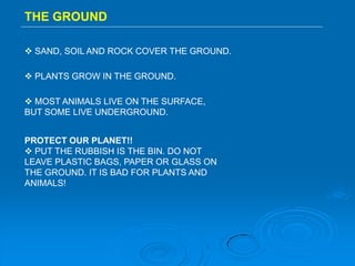 THE GROUND
 SAND, SOIL AND ROCK COVER THE GROUND.
 MOST ANIMALS LIVE ON THE SURFACE,
BUT SOME LIVE UNDERGROUND.
 PLANTS GROW IN THE GROUND.
PROTECT OUR PLANET!!
 PUT THE RUBBISH IS THE BIN. DO NOT
LEAVE PLASTIC BAGS, PAPER OR GLASS ON
THE GROUND. IT IS BAD FOR PLANTS AND
ANIMALS!
 