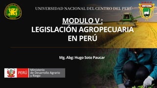 MODULO V :
LEGISLACIÓN AGROPECUARIA
EN PERÚ
Mg. Abg: Hugo Soto Paucar
UNIVERSIDAD NACIONAL DEL CENTRO DEL PERÚ
 