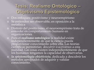    Dos enfoques: positivismo y neuroempirismo
   Se entienden ser observable, en oposición a la
    metafísica
   Distinto del positivismo, el neuroempirismo trata de
    entender en comportamiento humano en
    organizaciones
   Para el realismo ontológico la realidad existe
    independientemente de que la ciencia pueda
    proporcionar conocimiento sobre ella. Las teorías
    científicas permitirían descubrir o acercarnos a esta
    realidad. Las cosas existen independientemente de que
    los humanos tengamos la capacidad de observarlas.
   la epistemología objetivista, dedicada a descubrir los
    métodos apropiados de adquirir y validar
    conocimiento.
 