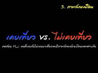 3. ÀภÒา¾พÅลÑั¡กÉษ³ณâโ´ด¹น




     àเ¤คÂยàเ·ÝทÕีè่ÂยÇว vs. äไÁม‹‹àเ¤คÂยàเ·ÝทÕีè่ÂยÇว
·Ýท´ดÊสÍอºบ Ha2: ¤ค¹น·ÝทÕีè่àเ¤คÂย¡กÑัºบäไÁม‹‹àเ¤คÂยÁมÒาàเ·ÝทÕีè่ÂยÇว¨จÐะÁมÕีÀภÒา¾พÅลÑั¡กÉษ³ณ¢ขÍอ§งäไ·ÝทÂยáแµต¡กµต‹‹Òา§ง¡กÑั¹น
 
