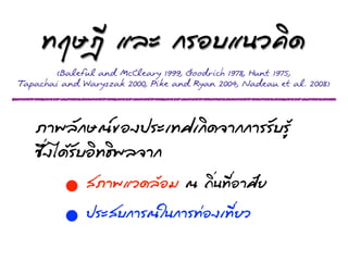 ·ÝทÄฤÉษ®ฎÕี áแÅลÐะ ¡กÃรÍอºบáแ¹นÇว¤คÔิ´ด
        (Baleful and McCleary 1999, Goodrich 1978, Hunt 1975,
Tapachai and Waryszak 2000, Pike and Ryan 2004, Nadeau et al. 2008)



   ÀภÒา¾พÅลÑั¡กÉษ³ณ¢ขÍอ§ง»ปÃรÐะàเ·ÝทÈศàเ¡กÔิ´ด¨จÒา¡ก¡กÒาÃรÃรÑัºบÃรÙูŒŒ
   «ซÖึè่§งäไ´ดŒŒÃรÑัºบÍอÔิ·Ýท¸ธÔิ¾พÅล¨จÒา¡ก
          •     ÊสÀภÒา¾พáแÇว´ดÅลŒŒÍอÁม ³ณ ¶ถÔิè่¹น·ÝทÕีè่ÍอÒาÈศÑัÂย
          • »ปÃรÐะÊสºบ¡กÒาÃร³ณãใ¹น¡กÒาÃร·Ýท‹‹Íอ§งàเ·ÝทÕีè่ÂยÇว
 