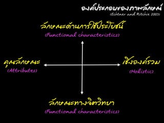 Íอ§ง¤ค»ปÃรÐะ¡กÍอºบ¢ขÍอ§งöภո¾พÅลÑั¡กÉษ³ณȎ
                                                              (Echtner and Ritchie 2003)


                     ÅลÑั¡กÉษ³ณÐะ´ดŒŒÒา¹น¡กÒาÃรãใªชŒŒ»ปÃรÐะâโÂยªช¹น
                       (Functional characteristics)



¤คØุ³ณÅลÑั¡กÉษ³ณÐะ                                                    àเªชÔิ§งÍอ§ง¤คÃรÇวÁม
 (Attributes)                                                             (Holistic)




                          ÅลÑั¡กÉษ³ณÐะ·ÝทÒา§ง¨จÔิµตÇวÔิ·ÝทÂยÒา
                       (Functional characteristics)
 