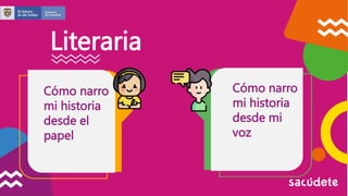 Literaria
Cómo narro
mi historia
desde el
papel
Cómo narro
mi historia
desde mi
voz
 