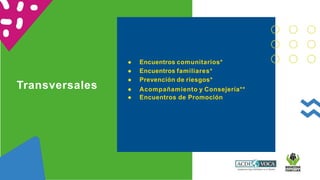 Transversales
● Encuentros comunitarios*
● Encuentros familiares*
● Prevención de riesgos*
● Encuentros de Promoción
● Acompañamiento y Consejería**
 