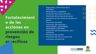 Fortalecimient
o de las
acciones en
prevención de
riesgos
específicos
○ Migraciones y Prevención de la
xenofobia
○ Participación y ciudadanía
○ Prevención de la discriminación
○ Prevención de la trata de personas
○ Prevención de las violencias basadas en
género
○ Prevención del delito
○ Prevención del embarazo /
Maternidades y paternidades
responsables y planeadas
○ Prevención del reclutamiento, uso y
utilización
○ Prevención del suicidio
○ Prevención del uso y consumo de
sustancias psicoactivas
 
