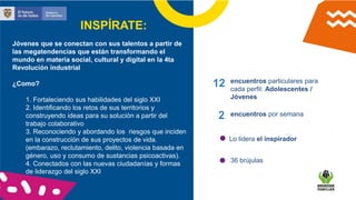 INSPÍRATE
Jóvenes que se conectan con sus talentos a partir de
las megatendencias que están transformando el
mundo en materia social, cultural y digital en la 4ta
Revolución industrial
¿Como?
1. Fortaleciendo sus habilidades del siglo XXI
2. Identificando los retos de sus territorios y
construyendo ideas para su solución a partir del
trabajo colaborativo
3. Reconociendo y abordando los riesgos que inciden
en la construcción de sus proyectos de vida.
(embarazo, reclutamiento, delito, violencia basada en
género, uso y consumo de sustancias psicoactivas).
4. Conectados con las nuevas ciudadanías y formas
de liderazgo del siglo XXI
INSPÍRATE:
Lo lidera el inspirador
12 encuentros particulares para
cada perfil: Adolescentes /
Jóvenes
encuentros por semana
2
36 brújulas
 