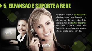 Umas das maiores dificuldades
dos franqueadores é o suporte
de campo de sua rede. Nós
oferecemos o melhor suporte
de campo para redes de
franquia, junto com um plano
de expansão bem definido.
5. EXPANSÃO E SUPORTE À REDE
 