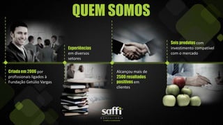 QUEM SOMOS
Criadaem 2006 por
profissionais ligados à
Fundação Getúlio Vargas
Experiências
em diversos
setores
Seis produtos com
investimento compatível
com o mercado
Alcançou mais de
2500 resultados
positivos em
clientes
 