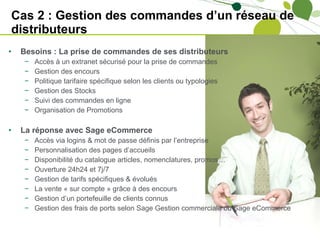 Cas 2 : Gestion des commandes d’un réseau de distributeurs Besoins : La prise de commandes de ses distributeurs Accès à un extranet sécurisé pour la prise de commandes Gestion des encours Politique tarifaire spécifique selon les clients ou typologies Gestion des Stocks Suivi des commandes en ligne Organisation de Promotions La réponse avec Sage eCommerce Accès via logins & mot de passe définis par l’entreprise Personnalisation des pages d’accueils Disponibilité du catalogue articles, nomenclatures, promos… Ouverture 24h24 et 7j/7 Gestion de tarifs spécifiques & évolués La vente « sur compte » grâce à des encours Gestion d’un portefeuille de clients connus Gestion des frais de ports selon Sage Gestion commerciale ou Sage eCommerce 