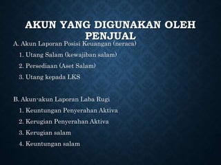 AKUN YANG DIGUNAKAN OLEH
PENJUAL
A. Akun Laporan Posisi Keuangan (neraca)
1. Utang Salam (kewajiban salam)
2. Persediaan (Aset Salam)
3. Utang kepada LKS
B. Akun-akun Laporan Laba Rugi
1. Keuntungan Penyerahan Aktiva
2. Kerugian Penyerahan Aktiva
3. Kerugian salam
4. Keuntungan salam
 