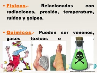 • Físicos.- Relacionados con
radiaciones, presión, temperatura,
ruídos y golpes.
• Químicos.- Pueden ser venenos,
gases tóxicos o alimentos
contaminados.
 