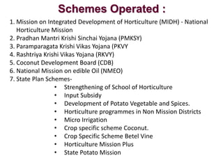 Schemes Operated :
1. Mission on Integrated Development of Horticulture (MIDH) - National
Horticulture Mission
2. Pradhan Mantri Krishi Sinchai Yojana (PMKSY)
3. Paramparagata Krishi Vikas Yojana (PKVY
4. Rashtriya Krishi Vikas Yojana (RKVY)
5. Coconut Development Board (CDB)
6. National Mission on edible Oil (NMEO)
7. State Plan Schemes-
• Strengthening of School of Horticulture
• Input Subsidy
• Development of Potato Vegetable and Spices.
• Horticulture programmes in Non Mission Districts
• Micro Irrigation
• Crop specific scheme Coconut.
• Crop Specific Scheme Betel Vine
• Horticulture Mission Plus
• State Potato Mission
 