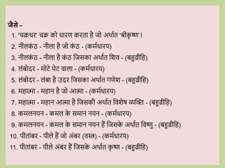जैसे –
1. 'िििि' िि क िािण किता है ज अर्ावत 'श्रीक
ृ ष्ण’।
2. नीलक
ों ठ - नीला है ज क
ों ठ - (कमविािय)
3. नीलक
ों ठ - नीला है क
ों ठ वजसका अर्ावत वशि - (बहुव्रीवह)
4. लोंब दि - म टे पेट िाला - (कमविािय)
5. लोंब दि - लोंबा है उदि वजसका अर्ावत गणेश - (बहुव्रीवह)
6. महात्मा - महान है ज आत्मा - (कमविािय)
7. महात्मा - महान आत्मा है वजसकी अर्ावत विशेष व्यब्दि - (बहुव्रीवह)
8. कमलनयन - कमल क
े समान नयन - (कमविािय)
9. कमलनयन - कमल क
े समान नयन हैं वजसक
े अर्ावत विष्णु - (बहुव्रीवह)
10. पीताोंबि - पीले हैं ज अोंबि (िस्त्र) - (कमविािय)
11. पीताोंबि - पीले अोंबि हैं वजसक
े अर्ावत क
ृ ष्ण - (बहुव्रीवह)
 