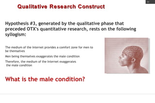 Qualitative Research Construct Hypothesis #3, generated by the qualitative phase that preceded OTX's quantitative research, rests on the following syllogism: The medium of the Internet provides a comfort zone for men to be themselves Men being themselves exaggerates the male condition Therefore, the medium of the Internet exaggerates  the male condition What is the male condition? 