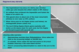 TOP TIER Response to story elements Intense and suspenseful  football action in  Vince Papale’s exciting and heroic turn The  greater  historical  significance of an  unsung hero and  an untold story Moments that are larger than life    Vince makes it; His triumph revitalizes a city Vince's  fortitude in  overcoming  odds and  opposing forces The inspirational true story of a thirty year old blue-collar guy who became the oldest rookie in NFL history An unlikely hero achieved the impossible and fueled the hopes of an entire city This special story is about one of the most remarkable athletes to ever wear an NFL uniform When Vince puts on his Eagles jersey and helmet, his unimaginable dream comes true The hard hitting Eagles-Giants game explodes with action as the teams clash for each yard, but the Eagles are forced to punt with seconds left skewing older/parents: Representing working-class Philadelphians, Vince takes the field to the screaming delight of 50,000 fans In triumph, Vince raises the ball and points to his proud buddies cheering in the nose-bleed section Vince’s unwavering determination is a shot-in-the arm to the team 