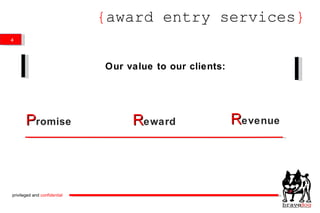 { award entry services } Our value to our clients: P romise R eward R evenue privileged and  confidential 