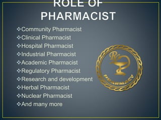 Community Pharmacist
Clinical Pharmacist
Hospital Pharmacist
Industrial Pharmacist
Academic Pharmacist
Regulatory Pharmacist
Research and development
Herbal Pharmacist
Nuclear Pharmacist
And many more
 