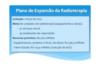 Plano de Expansão da RadioterapiaPlano de Expansão da Radioterapia
Licitação: março de 2013
Meta: 80 unidades de radioterapia (equipamento e obras)
- 41 serviços novos
- 39 ampliações de capacidade
Recursos previstos: R$ 505 milhões
- Equipamentos, projetos e fiscal. de obras: R$ 296,3 milhões
- Valor licitado: R$ 119,9 milhões (redução de 60%)
Licitação: março de 2013
Meta: 80 unidades de radioterapia (equipamento e obras)
- 41 serviços novos
- 39 ampliações de capacidade
Recursos previstos: R$ 505 milhões
- Equipamentos, projetos e fiscal. de obras: R$ 296,3 milhões
- Valor licitado: R$ 119,9 milhões (redução de 60%)
 