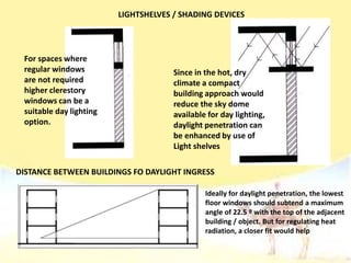 For spaces where
regular windows
are not required
higher clerestory
windows can be a
suitable day lighting
option.
Since in the hot, dry
climate a compact
building approach would
reduce the sky dome
available for day lighting,
daylight penetration can
be enhanced by use of
Light shelves
LIGHTSHELVES / SHADING DEVICES
DISTANCE BETWEEN BUILDINGS FO DAYLIGHT INGRESS
Ideally for daylight penetration, the lowest
floor windows should subtend a maximum
angle of 22.5 º with the top of the adjacent
building / object. But for regulating heat
radiation, a closer fit would help
 