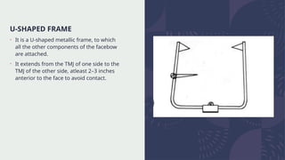 U-SHAPED FRAME
• It is a U-shaped metallic frame, to which
all the other components of the facebow
are attached.
• It extends from the TMJ of one side to the
TMJ of the other side, atleast 2–3 inches
anterior to the face to avoid contact.
 