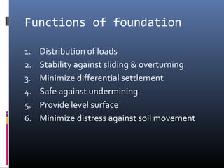 Functions of foundation 
1. Distribution of loads 
2. Stability against sliding & overturning 
3. Minimize differential settlement 
4. Safe against undermining 
5. Provide level surface 
6. Minimize distress against soil movement 
 