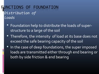 Distribution of 
loads 
 Foundation help to distribute the loads of super-structure 
to a large of the soil 
 Therefore, the intensity of load at its base does not 
exceed the safe bearing capacity of the soil 
 In the case of deep foundations, the super imposed 
loads are transmitted either through end bearing or 
both by side friction & end bearing 
 