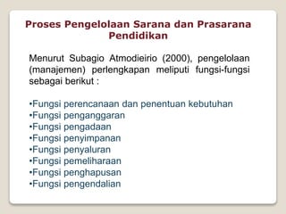 Proses Pengelolaan Sarana dan Prasarana
Pendidikan
Menurut Subagio Atmodieirio (2000), pengelolaan
(manajemen) perlengkapan meliputi fungsi-fungsi
sebagai berikut :
•Fungsi perencanaan dan penentuan kebutuhan
•Fungsi penganggaran
•Fungsi pengadaan
•Fungsi penyimpanan
•Fungsi penyaluran
•Fungsi pemeliharaan
•Fungsi penghapusan
•Fungsi pengendalian
 