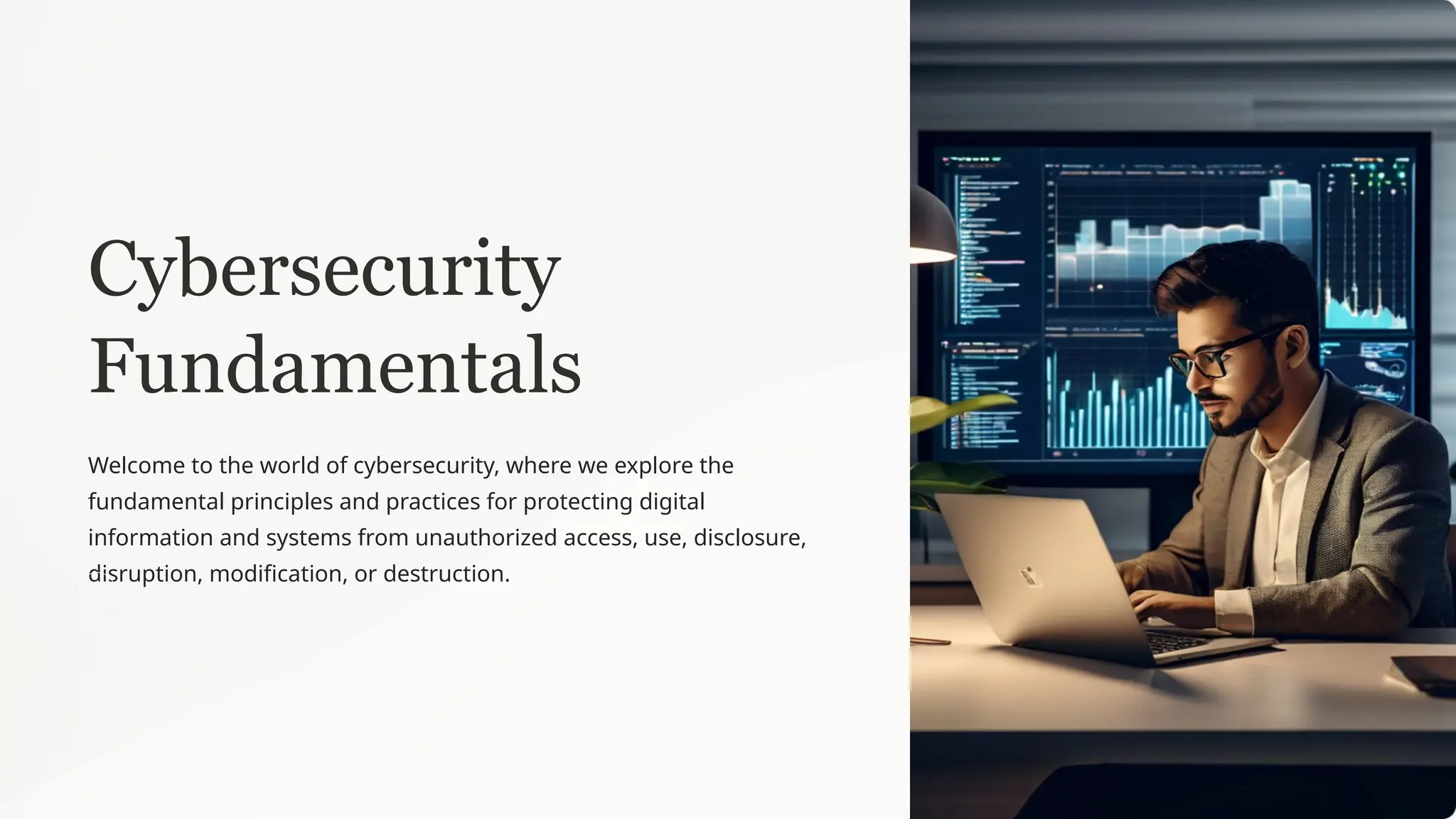 Cybersecurity
Fundamentals
Welcome to the world of cybersecurity, where we explore the
fundamental principles and practices for protecting digital
information and systems from unauthorized access, use, disclosure,
disruption, modification, or destruction.
 