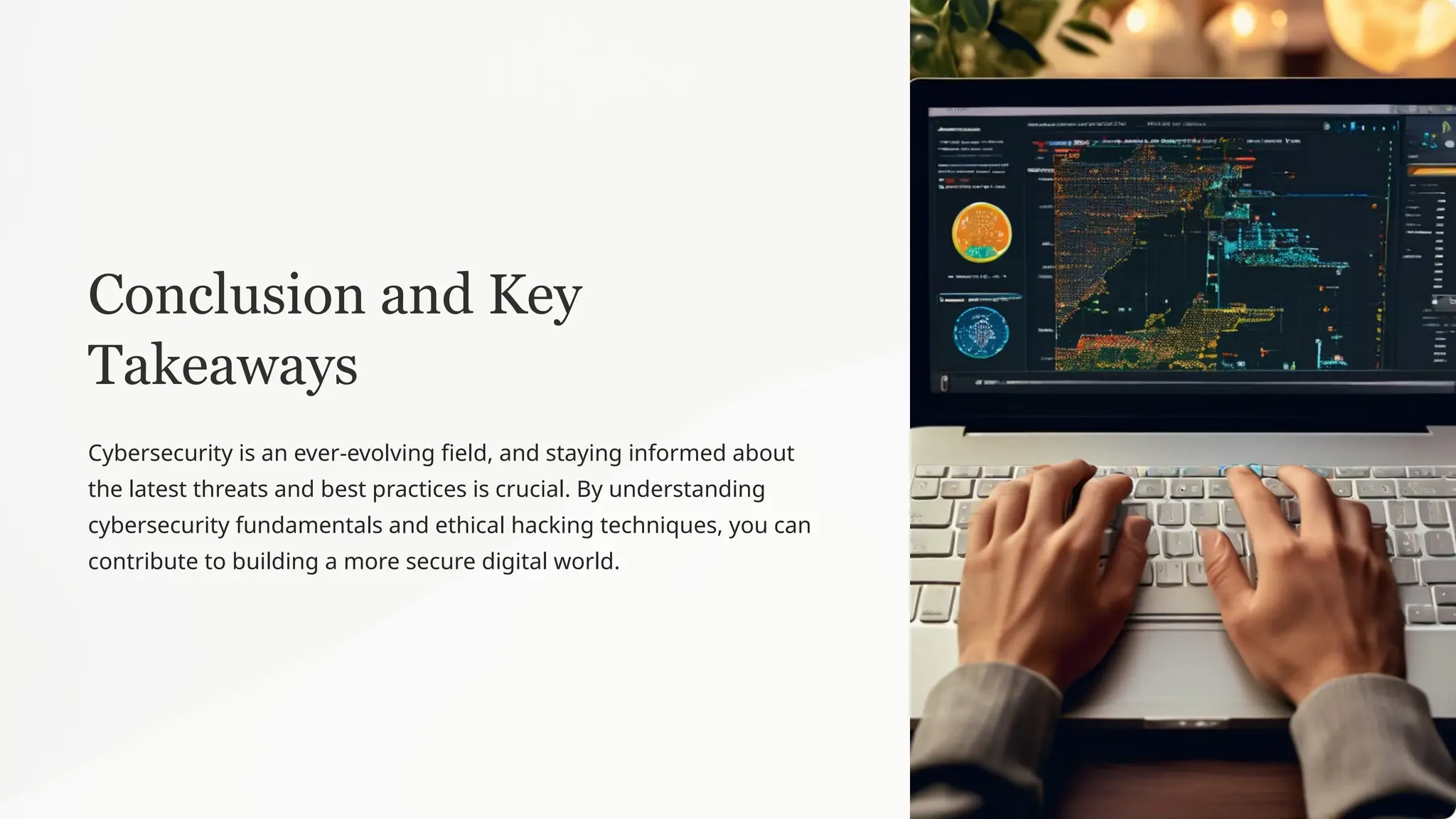 Conclusion and Key
Takeaways
Cybersecurity is an ever-evolving field, and staying informed about
the latest threats and best practices is crucial. By understanding
cybersecurity fundamentals and ethical hacking techniques, you can
contribute to building a more secure digital world.
 