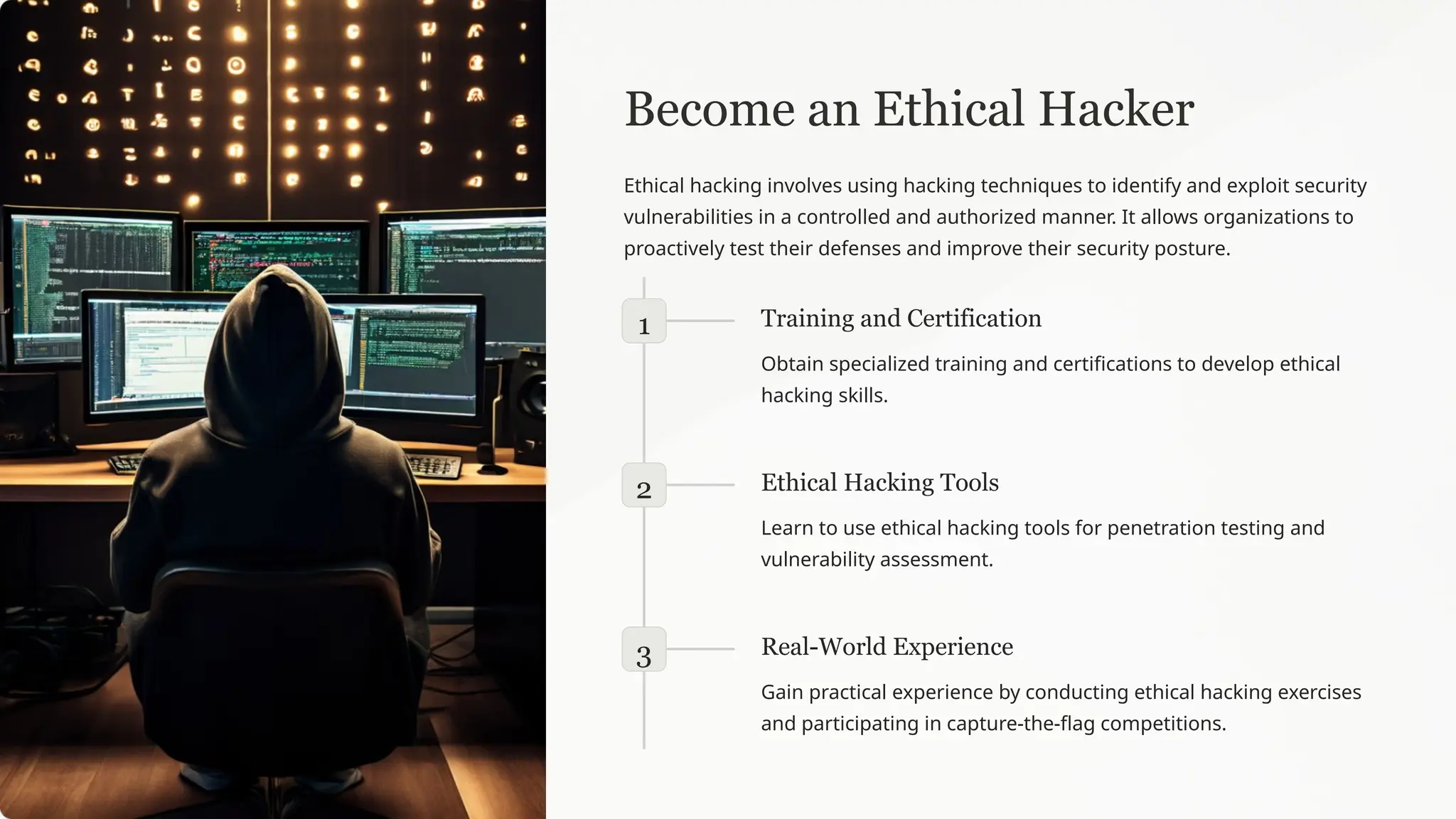 Become an Ethical Hacker
Ethical hacking involves using hacking techniques to identify and exploit security
vulnerabilities in a controlled and authorized manner. It allows organizations to
proactively test their defenses and improve their security posture.
1 Training and Certification
Obtain specialized training and certifications to develop ethical
hacking skills.
2 Ethical Hacking Tools
Learn to use ethical hacking tools for penetration testing and
vulnerability assessment.
3 Real-World Experience
Gain practical experience by conducting ethical hacking exercises
and participating in capture-the-flag competitions.
 