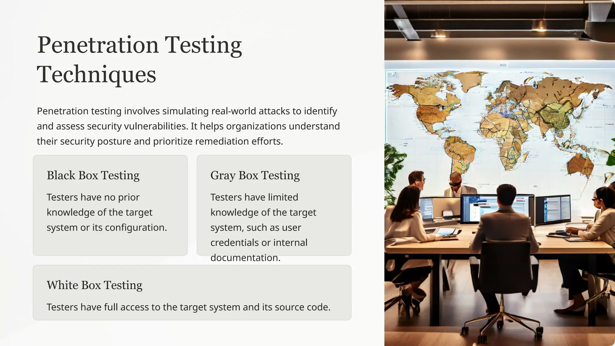 Penetration Testing
Techniques
Penetration testing involves simulating real-world attacks to identify
and assess security vulnerabilities. It helps organizations understand
their security posture and prioritize remediation efforts.
Black Box Testing
Testers have no prior
knowledge of the target
system or its configuration.
Gray Box Testing
Testers have limited
knowledge of the target
system, such as user
credentials or internal
documentation.
White Box Testing
Testers have full access to the target system and its source code.
 