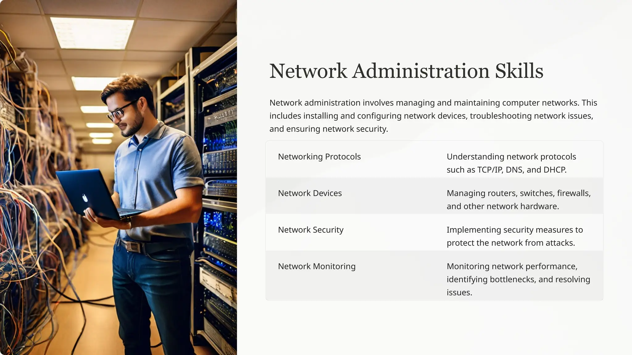 Network Administration Skills
Network administration involves managing and maintaining computer networks. This
includes installing and configuring network devices, troubleshooting network issues,
and ensuring network security.
Networking Protocols Understanding network protocols
such as TCP/IP, DNS, and DHCP.
Network Devices Managing routers, switches, firewalls,
and other network hardware.
Network Security Implementing security measures to
protect the network from attacks.
Network Monitoring Monitoring network performance,
identifying bottlenecks, and resolving
issues.
 