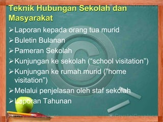 Teknik Hubungan Sekolah dan
Masyarakat
Laporan kepada orang tua murid
Buletin Bulanan
Pameran Sekolah
Kunjungan ke sekolah (“school visitation”)
Kunjungan ke rumah murid (”home
visitation”)
Melalui penjelasan oleh staf sekolah
Laporan Tahunan
 