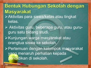 Bentuk Hubungan Sekolah dengan
Masyarakat
Aktivitas para siswa/kelas atau tingkat
kelas.
 Aktivitas guru, beberapa guru, atau guru-
guru satu bidang studi.
Kunjungan warga masyarakat atau
orangtua siswa ke sekolah.
Pertemuan dengan kelompok masyarakat
yang menaruh perhatian kepada
pendidikan di sekolah.
 