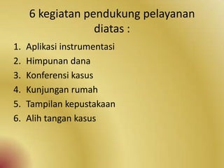 6 kegiatan pendukung pelayanan
diatas :
1. Aplikasi instrumentasi
2. Himpunan dana
3. Konferensi kasus
4. Kunjungan rumah
5. Tampilan kepustakaan
6. Alih tangan kasus
 