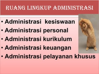 Ruang Lingkup Administrasi
• Administrasi kesiswaan
• Administrasi personal
• Administrasi kurikulum
• Administrasi keuangan
• Administrasi pelayanan khusus
 