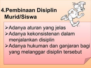 4.Pembinaan Disiplin
Murid/Siswa
Adanya aturan yang jelas
Adanya kekonsistenan dalam
menjalankan disiplin
Adanya hukuman dan ganjaran bagi
yang melanggar disiplin tersebut
 