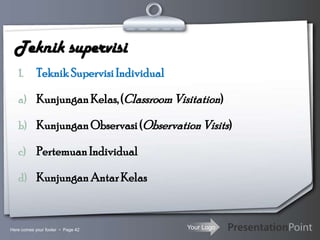 Your Logo
Teknik supervisi
1. Teknik Supervisi Individual
a) Kunjungan Kelas,(ClassroomVisitation)
b) Kunjungan Observasi(ObservationVisits)
c) Pertemuan Individual
d) Kunjungan AntarKelas
Here comes your footer  Page 42
 
