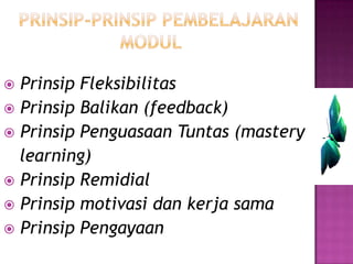  Prinsip Fleksibilitas
 Prinsip Balikan (feedback)
 Prinsip Penguasaan Tuntas (mastery
learning)
 Prinsip Remidial
 Prinsip motivasi dan kerja sama
 Prinsip Pengayaan
 