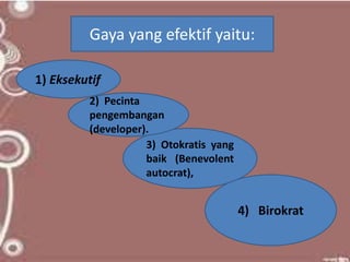 Gaya yang efektif yaitu:
1) Eksekutif
3) Otokratis yang
baik (Benevolent
autocrat),
4) Birokrat
2) Pecinta
pengembangan
(developer).
 
