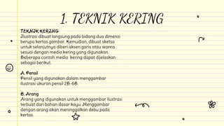 TEKNIK KERING
Ilustrasi dibuat langsung pada bidang dua dimensi
berupa kertas gambar. Kemudian, dibuat sketsa
untuk selanjutnya diberi aksen garis atau warna
sesuai dengan media kering yang digunakan.
Beberapa contoh media kering dapat dijelaskan
sebagai berikut.
A. Pensil
Pensil yang digunakan dalam menggambar
ilustrasi ukuran pensil 2B-6B.
B. Arang
Arang yang digunakan untuk menggambar ilustrasi
terbuat dari bahan dasar kayu. Menggambar
dengan arang akan meninggalkan debu pada
kertas.
1. TEKNIK KERING
 