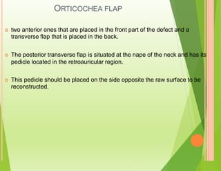 ORTICOCHEA FLAP
 two anterior ones that are placed in the front part of the defect and a
transverse flap that is placed in the back.
 The posterior transverse flap is situated at the nape of the neck and has its
pedicle located in the retroauricular region.
 This pedicle should be placed on the side opposite the raw surface to be
reconstructed.
 
