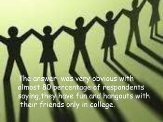 The answer was very obvious with
almost 80 percentage of respondents
saying,they have fun and hangouts with
their friends only in college.

 