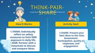 THINK-PAIR-
SHARE
1.THINK: Individually
reflect on safety
measures to limit EMR
exposure in daily life.
2.PAIR: Partner with a
classmate to discuss
and compare ideas.
Cooperative Learning Activity: EMR Safety Measures
Activity Goal:
How It Works:
1.SHARE: Present your
best ideas to the class.
Assessment:
Participation, quality of
responses, and
engagement.
 