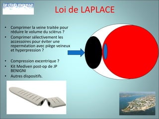 Loi de LAPLACE Comprimer la veine traitée pour réduire le volume du sclérus ? Comprimer sélectivement les accessoires pour éviter une reperméation avec piège veineux  et hyperpression ? Compression excentrique ? Kit Mediven post-op de JP BENIGNI Autres dispositifs. 