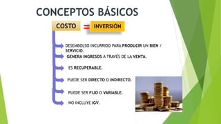 COSTO INVERSIÓN
DESEMBOLSO INCURRIDO PARA PRODUCIR UN BIEN /
SERVICIO.
GENERA INGRESOS A TRAVÉS DE LA VENTA.
ES RECUPERABLE.
PUEDE SER FIJO O VARIABLE.
PUEDE SER DIRECTO O INDIRECTO.
NO INCLUYE IGV.
=
CONCEPTOS BÁSICOS
 