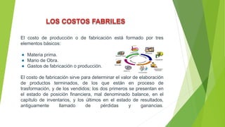 El costo de producción o de fabricación está formado por tres
elementos básicos:
Materia prima.
Mano de Obra.
Gastos de fabricación o producción.
El costo de fabricación sirve para determinar el valor de elaboración
de productos terminados, de los que están en proceso de
trasformación, y de los vendidos; los dos primeros se presentan en
el estado de posición financiera, mal denominado balance, en el
capítulo de inventarios, y los últimos en el estado de resultados,
antiguamente llamado de pérdidas y ganancias.
 