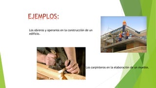 Los obreros y operarios en la construcción de un
edificio.
Los carpinteros en la elaboración de un mueble.
 
